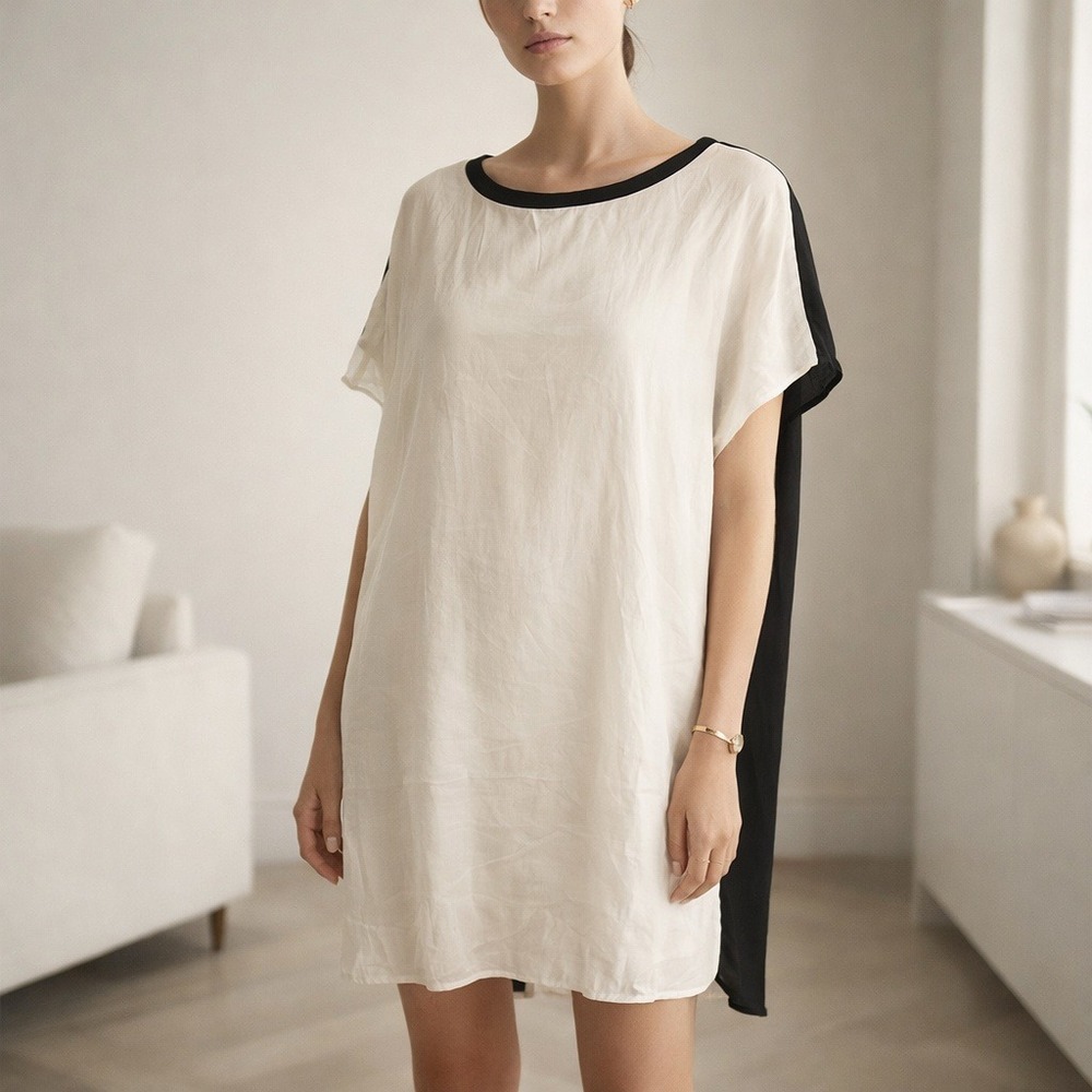 Wilfred Silk Tunic Mini Dress White Front Black Back Semi Sheer Oversized‎ Small